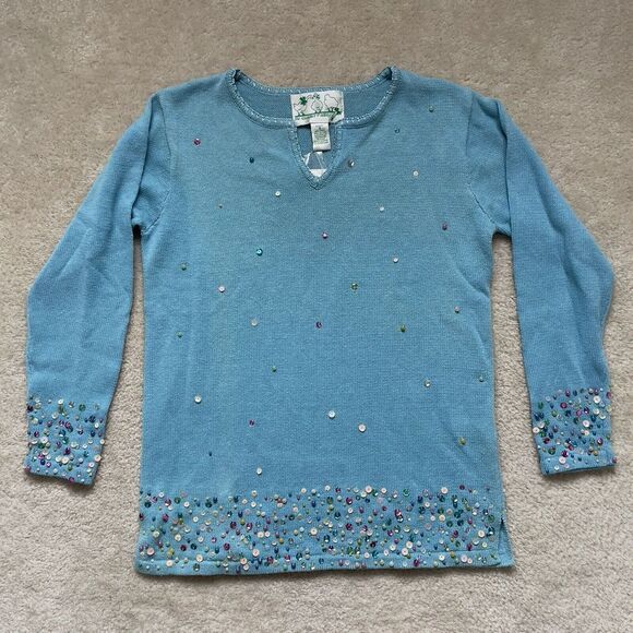 QUACKER FACTORY LIGHT BLUE PULLOVER SWEATER WITH BEADS & SEQUIN WOMENS SMALL NWT - Picture 1 of 8